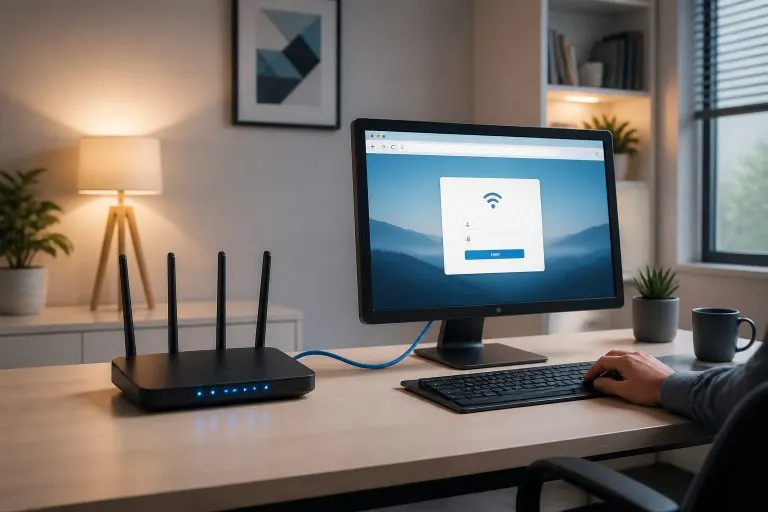 Bureau moderne avec routeur wi fi et ordinateur
