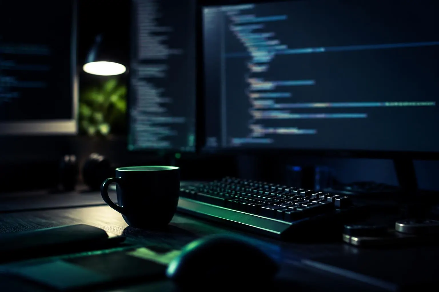 Bureau de développeur éclairé par un écran de code
