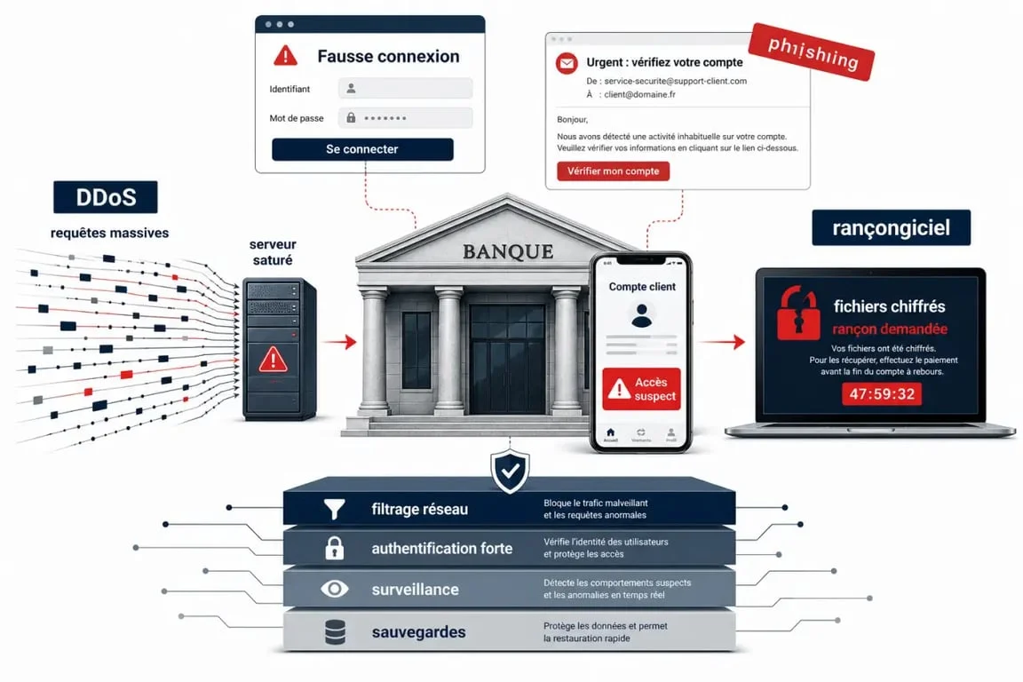 Cyberattaque banques françaises : schéma éditorial montrant une attaque DDoS, du phishing et un ransomware contre une banque et ses défenses de sécurité.